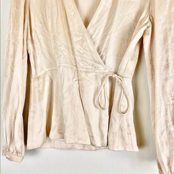Zara Blouse Small Womens Pink Satin V-Neck Long Sleeve Genuine Wrap Top Viscose - Picture 5 of 12
